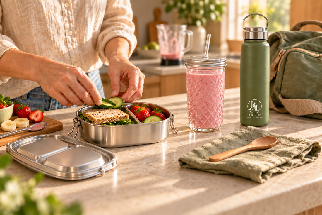 A parent packing a stainless steel lunch box beside a homemade strawberry smoothie in a diamond-pattern glass cup and a green Lorikeet Living drink bottle.