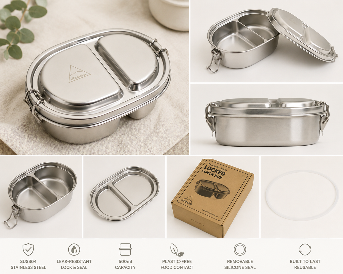 Premium stainless steel Bento Box with two compartments, secure latch, and removable silicone seal, perfect for lunch on the go