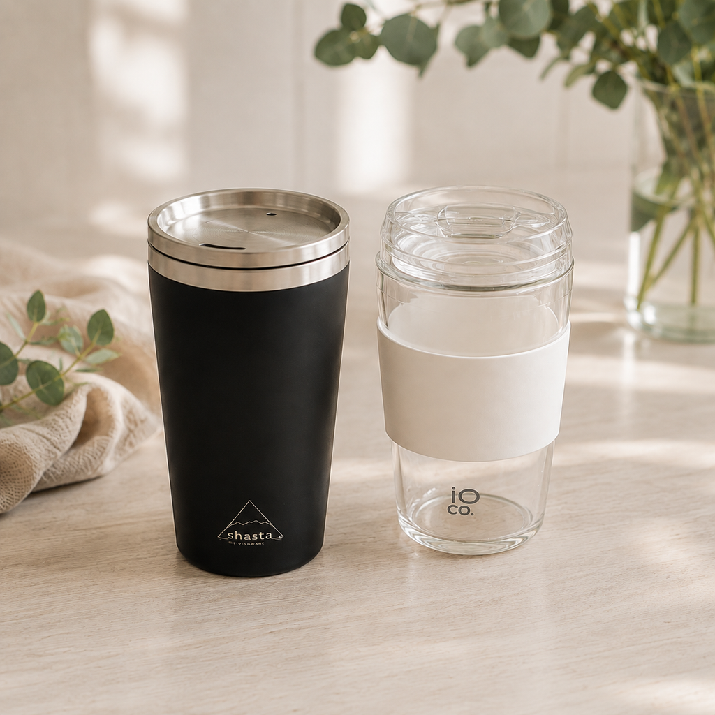 His & Hers Reusable Cup Bundle, Shasta Stainless Steel Tumbler + IOco All Glass Travel Cup, Lorikeet Living