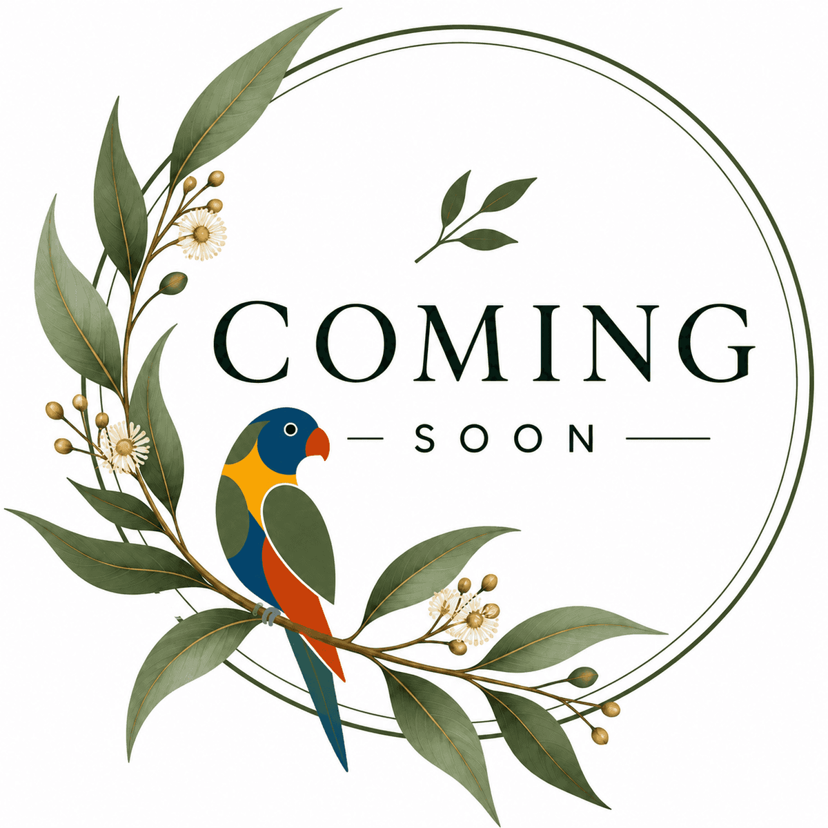 Colorful illustrated logo of a parrot surrounded by green leaves and flowers, with 'Coming Soon' text in a circular design