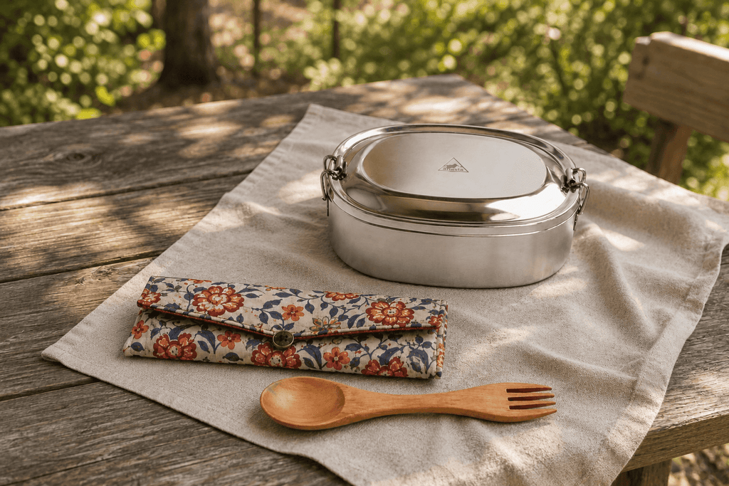 Stainless steel oval bento box with secure lid, placed on a beige cloth on a rustic wooden table outdoors, with a floral fabric utensil pouch and wooden fork