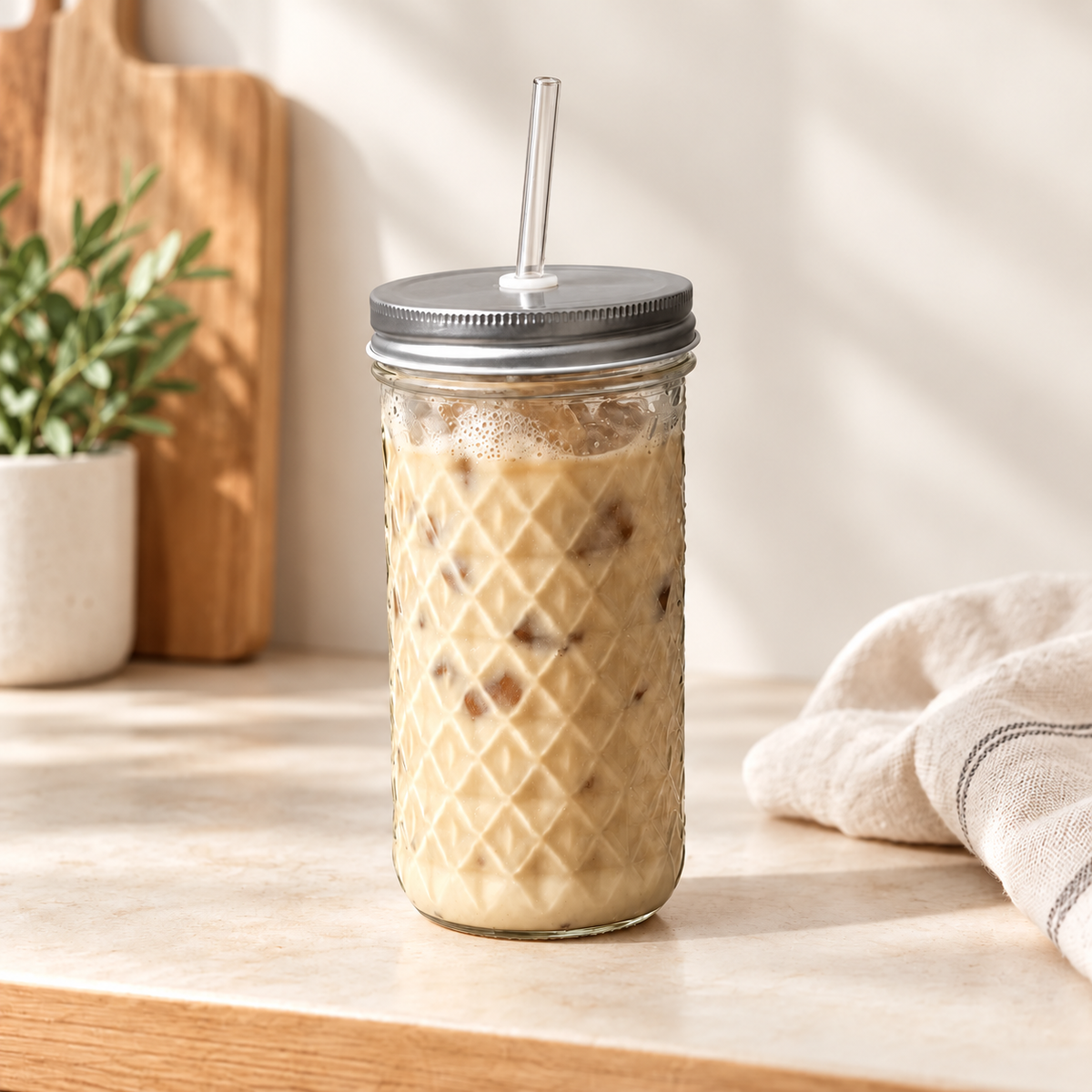 Diamond-pressed glass mason jar filled with iced coffee, with a stainless steel lid and clear glass straw, on a cream kitchen bench. Lorikeet Living.