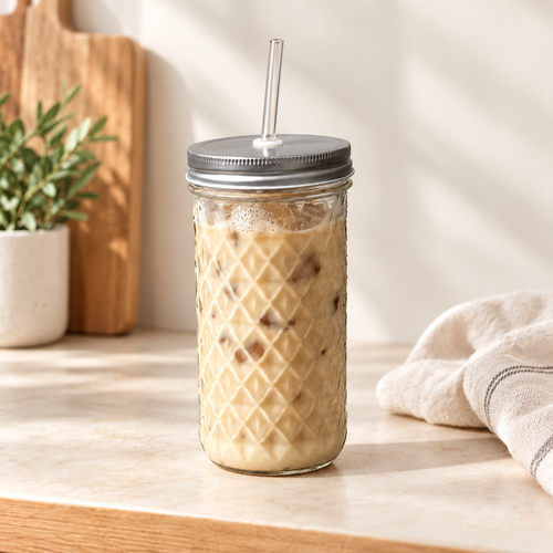 Diamond-pressed glass mason jar filled with iced coffee, with a stainless steel lid and clear glass straw, on a cream kitchen bench. Lorikeet Living.