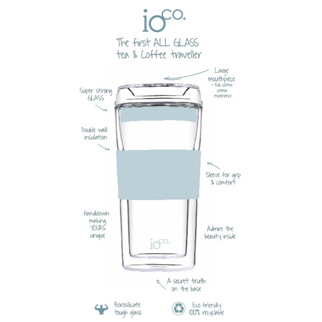 IOco all-glass travel cup with a pale blue silicone sleeve, illustrated with labels highlighting its glass lid, double-wall insulation, borosilicate glass and comfortable grip. Lorikeet Living