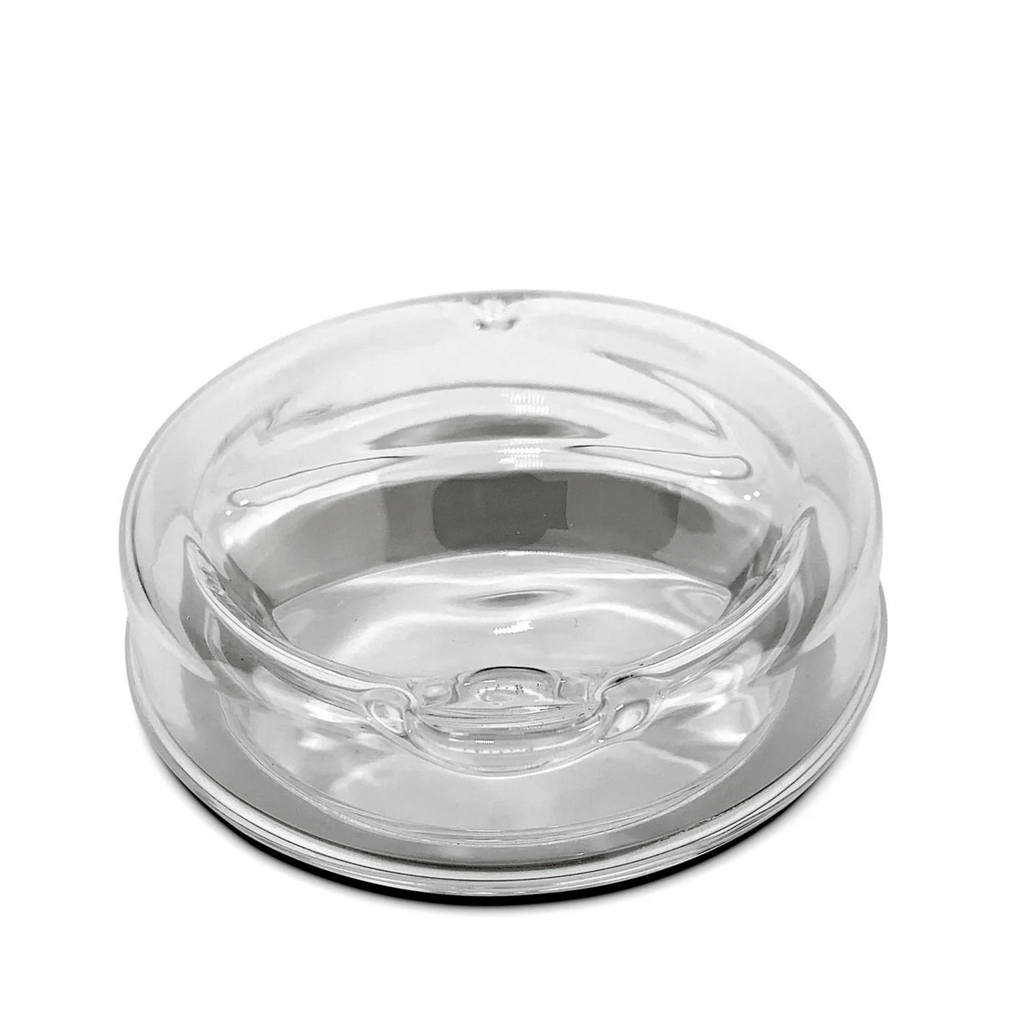 Close-up of the IOco travel cup’s clear glass lid, showing the drinking opening, small air hole and silicone sealing ring. Lorikeet Living.