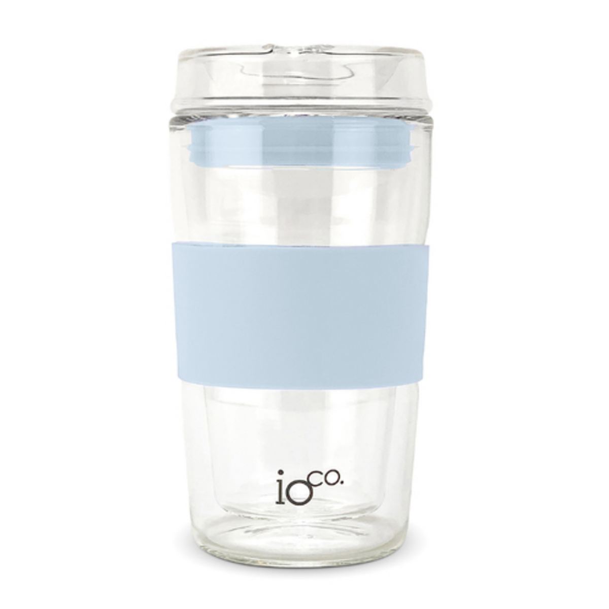 IOco all-glass travel cup in Eucalyptus Pale Blue, with a clear glass lid, matching silicone seal and grip sleeve, shown on a white background. Lorikeet Living