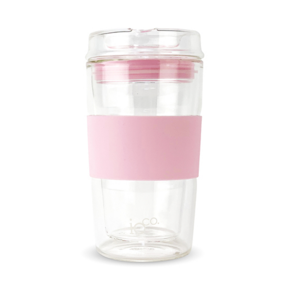 IOco all-glass travel cup in Marshmallow Pink, with a clear glass lid, matching pink silicone seal and grip sleeve, shown on a white background. Lorikeet Living