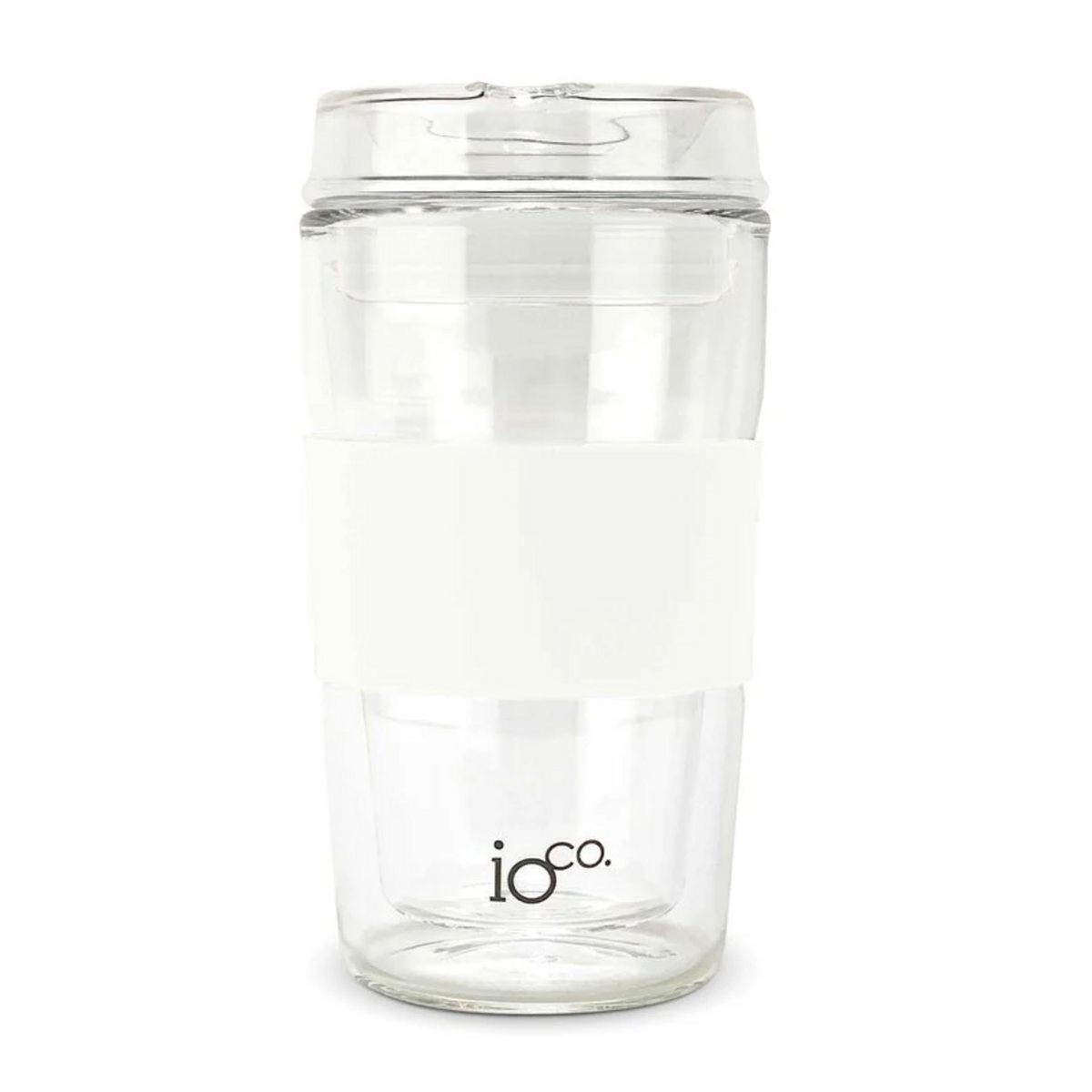 IOco all-glass travel cup in Snow White, with a clear glass lid, matching silicone seal and grip sleeve, shown on a white background. Lorikeet Living
