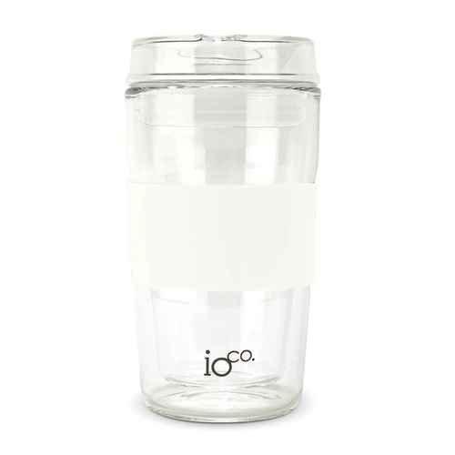 IOco all-glass travel cup in Snow White, with a clear glass lid, matching silicone seal and grip sleeve, shown on a white background. Lorikeet Living