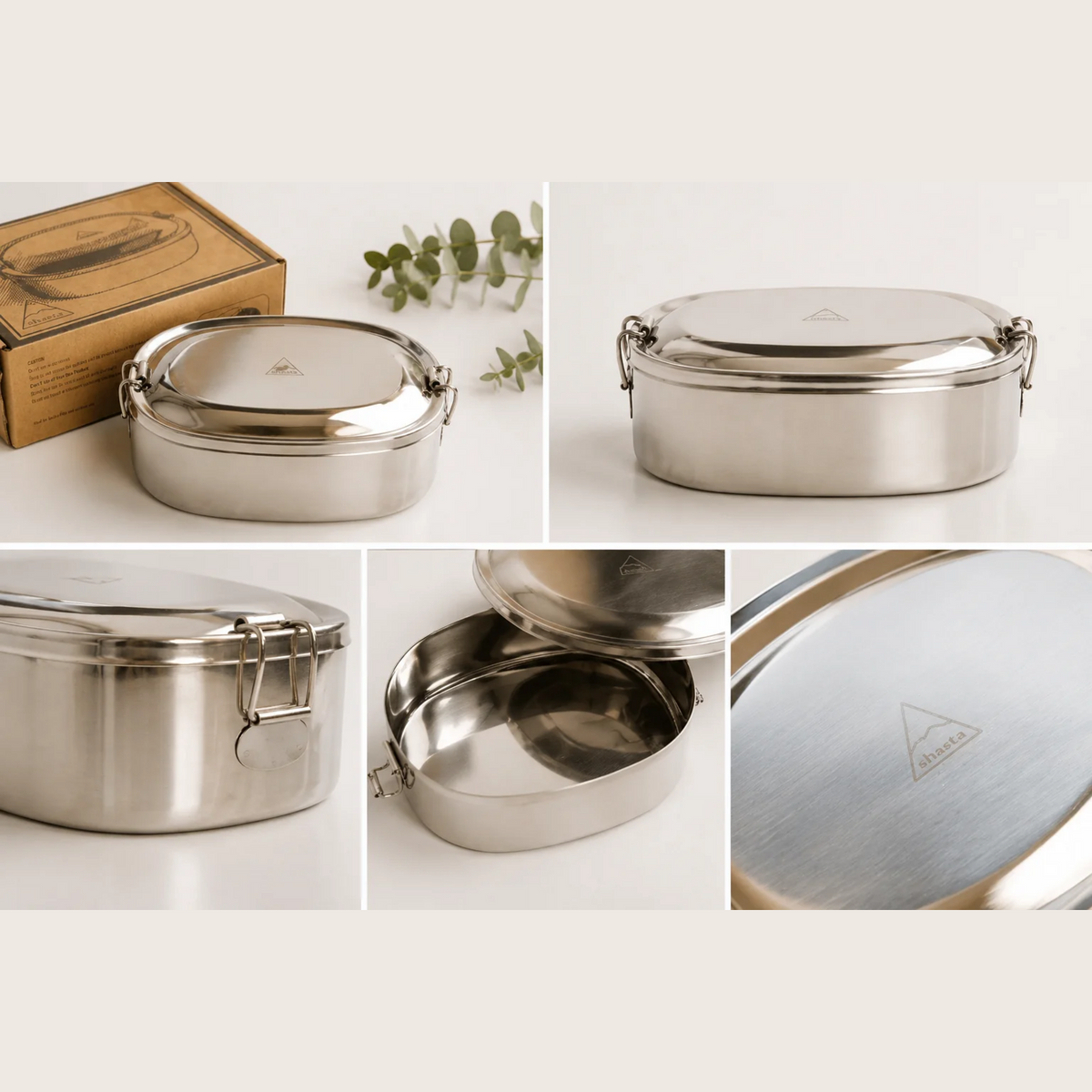 Shasta oval stainless steel bento box collage showing packaging, closed lunch box, locking clip, open interior and engraved lid logo. Lorikeet Living. 