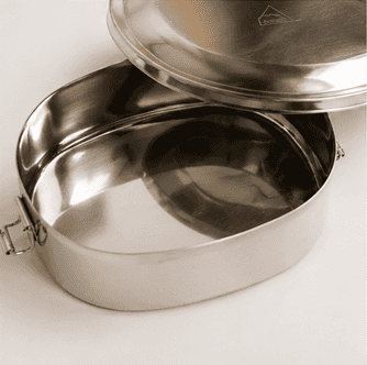 Open stainless steel oval bento box with lid, revealing a clean, shiny interior, on a white surface